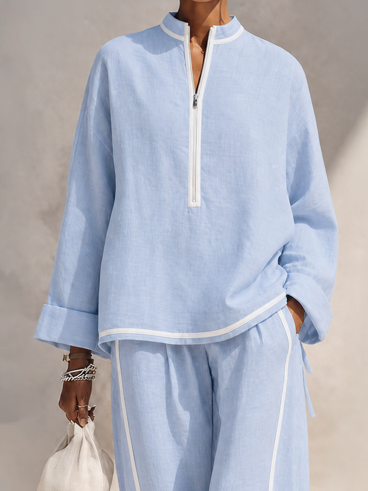 Vorrinda | Women's Linen Two Piece Set Wide Leg - Light Blue - Image 7