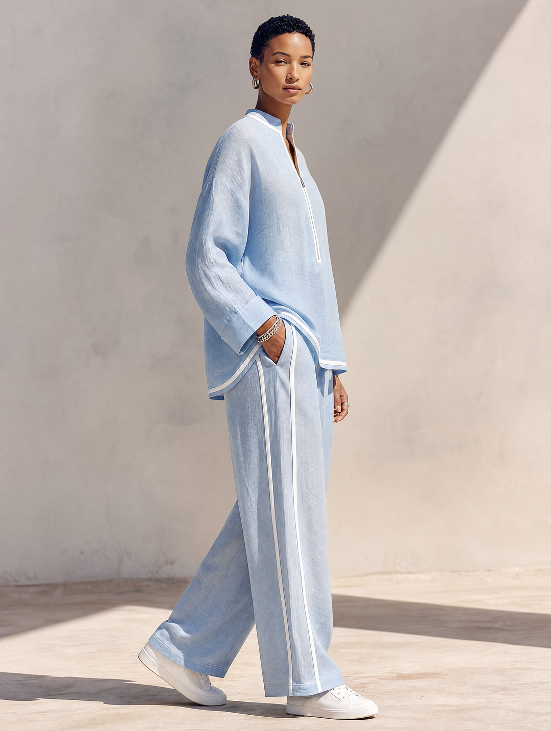 Vorrinda | Women's Linen Two Piece Set Wide Leg - Light Blue - Image 9