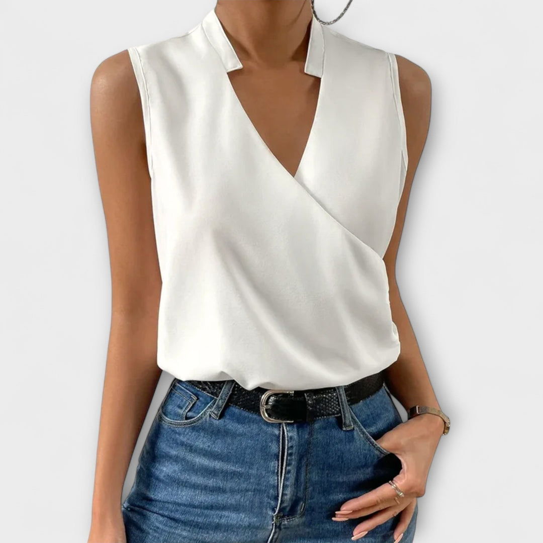 Vossara | Women's Sleeveless Wrap Blouse - White - Image 1