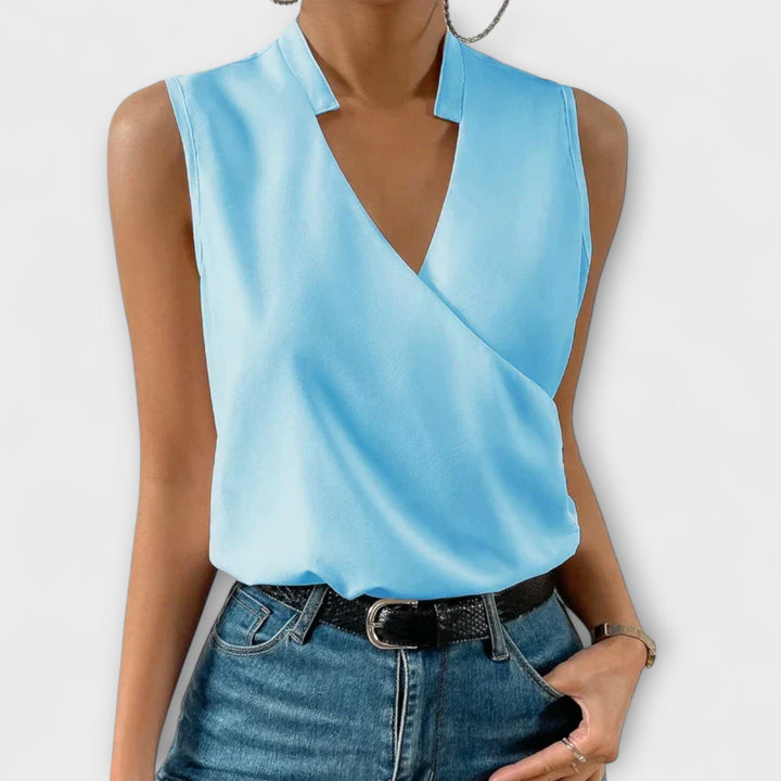 Vossara | Women's Sleeveless Wrap Blouse - White - Image 3