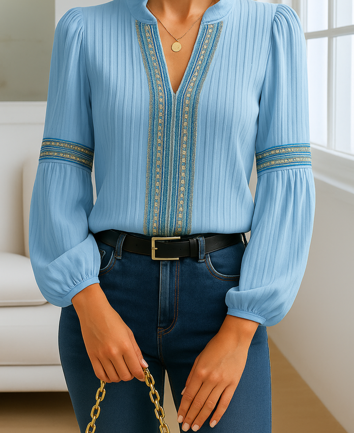 Vosslyn | Women's Embroidered V-Neck Blouse - Cream - Image 2
