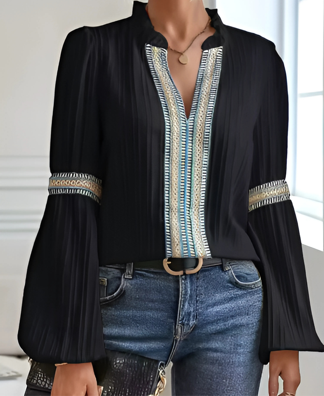Vosslyn | Women's Embroidered V-Neck Blouse - Cream - Image 3