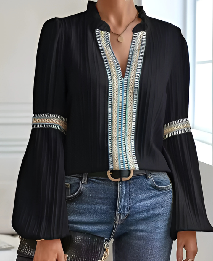 Vosslyn | Women's Embroidered V-Neck Blouse - Cream - Image 3
