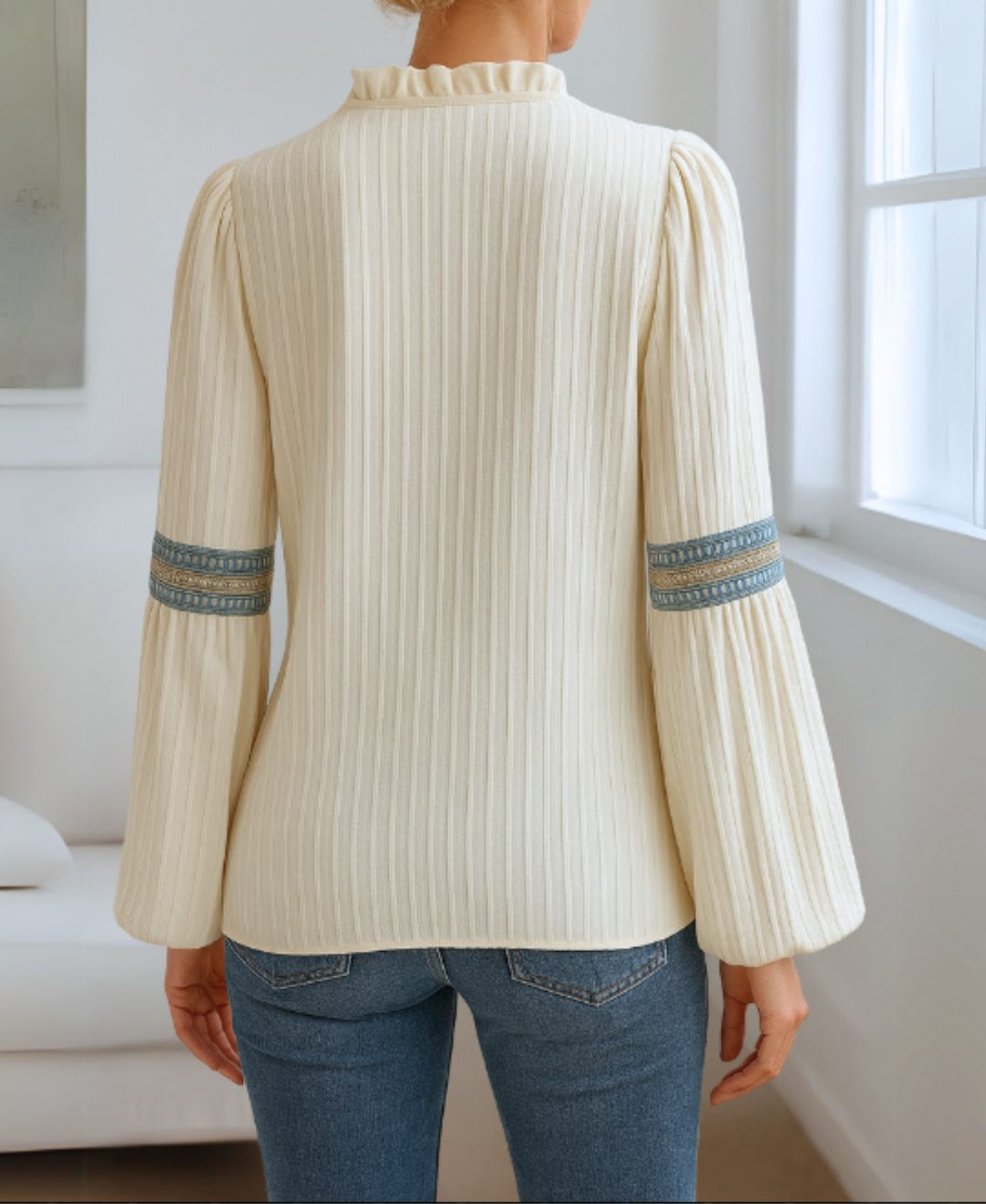 Vosslyn | Women's Embroidered V-Neck Blouse - Cream - Image 6