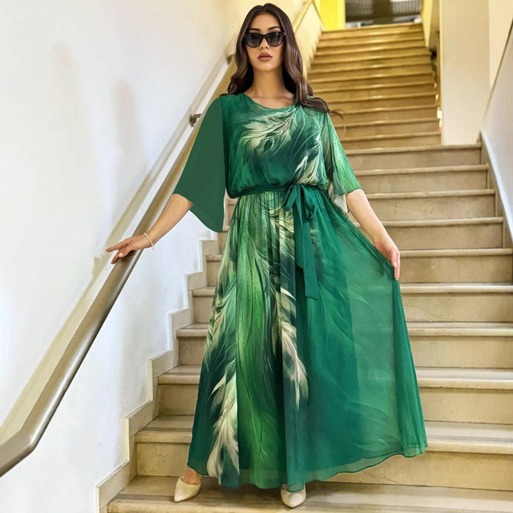 Vyndelle | Women's Chiffon Maxi Dress Feather Print - Image 1
