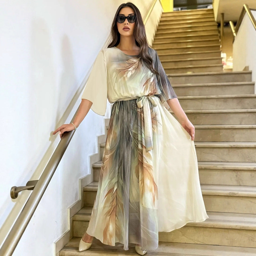 Vyndelle | Women's Chiffon Maxi Dress Feather Print - Image 2