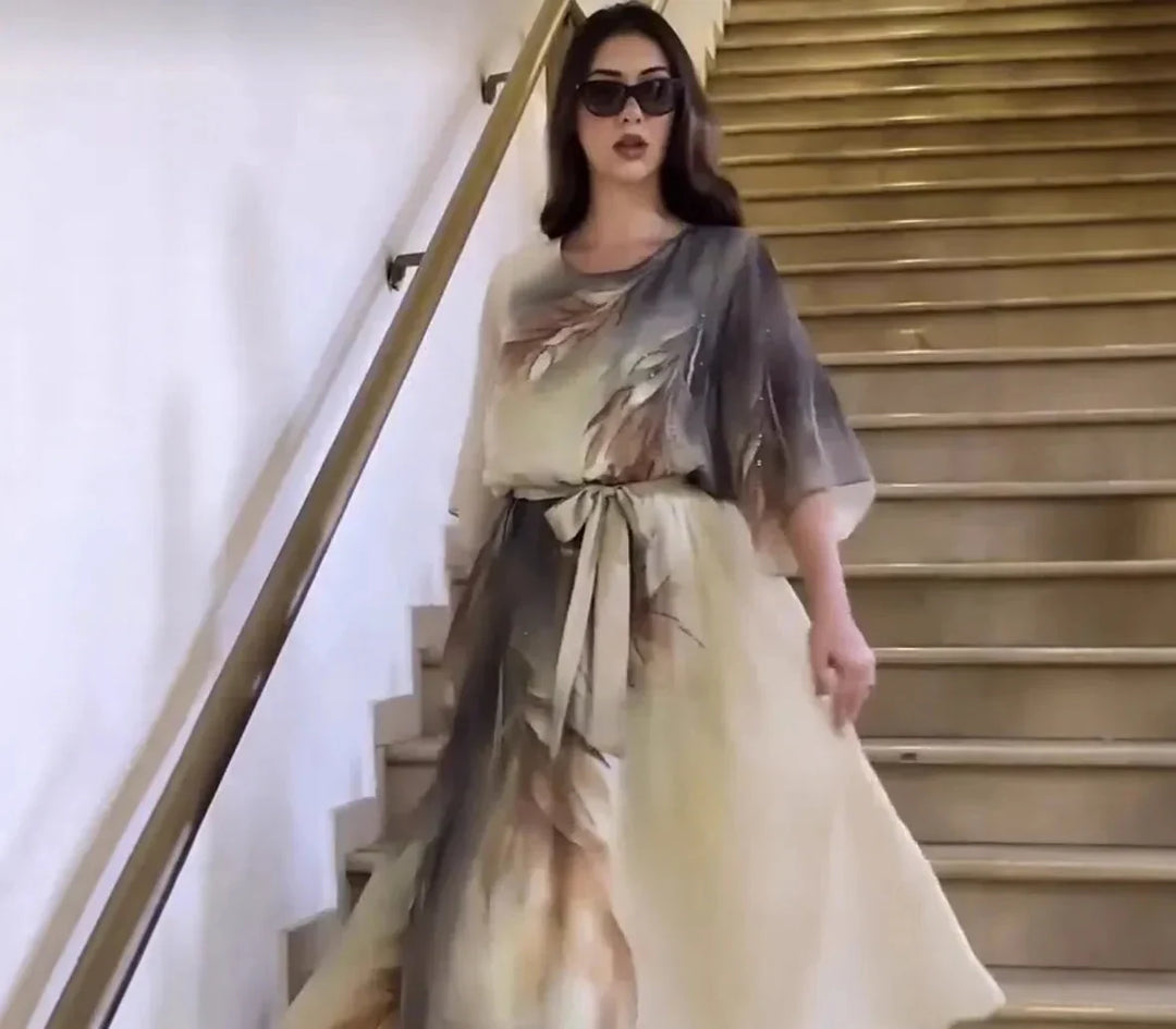 Vyndelle | Women's Chiffon Maxi Dress Feather Print - Image 3