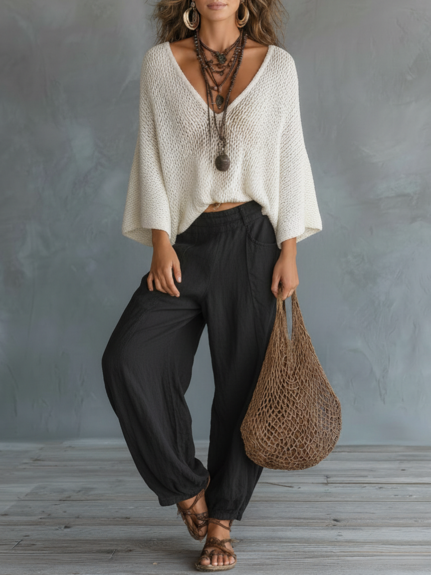 Vyndora | Women's Linen Two Piece Set Knit Top & Pants - White - Image 1