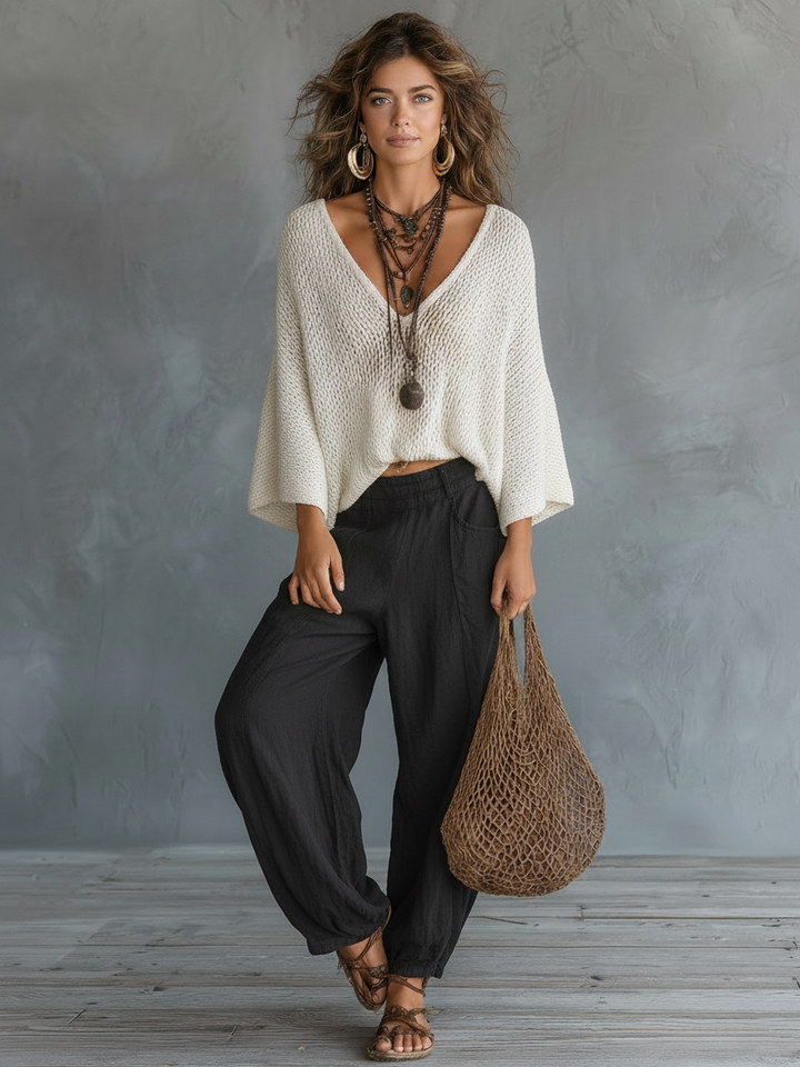 Vyndora | Women's Linen Two Piece Set Knit Top & Pants - White - Image 4