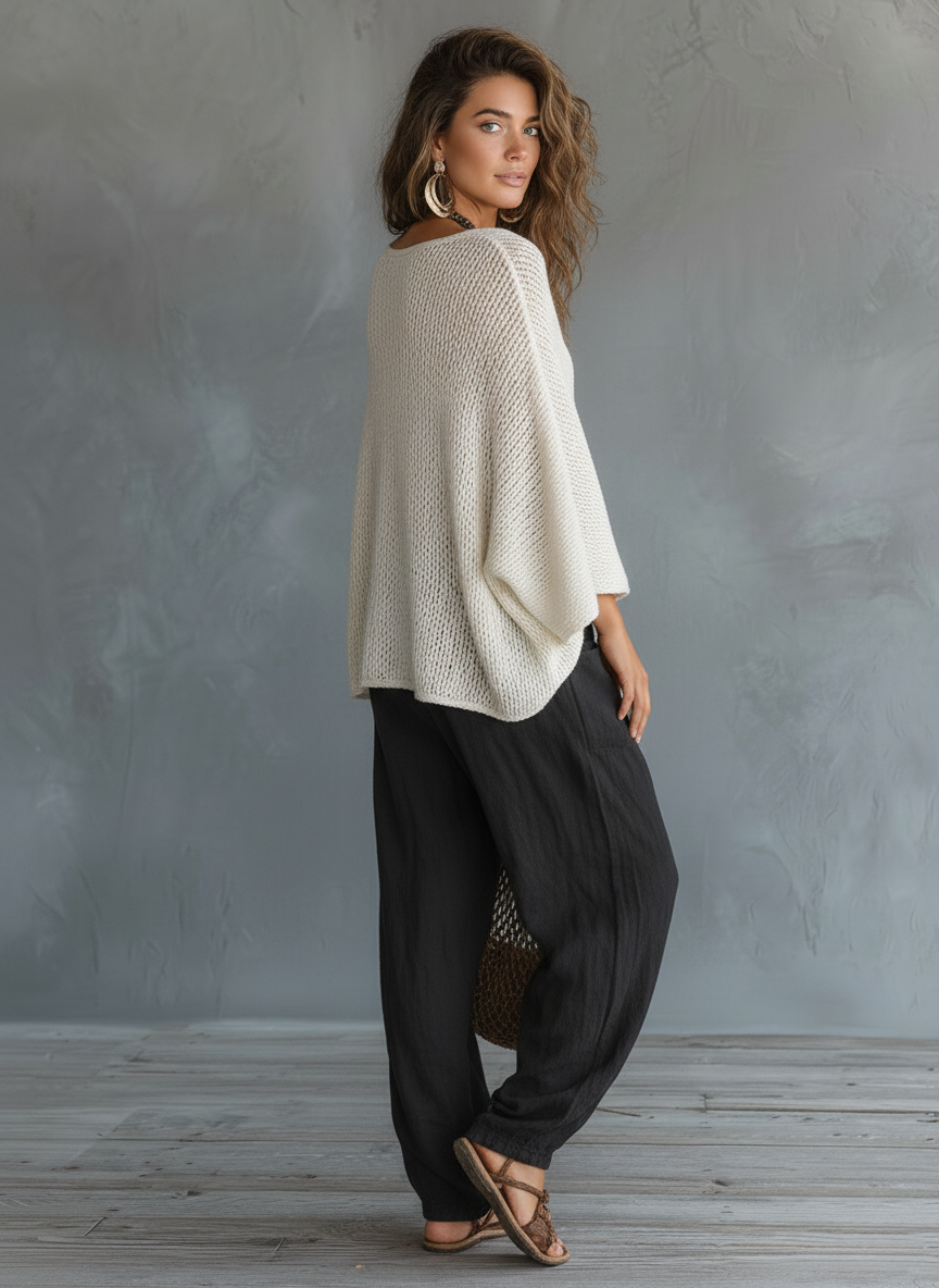 Vyndora | Women's Linen Two Piece Set Knit Top & Pants - White - Image 5