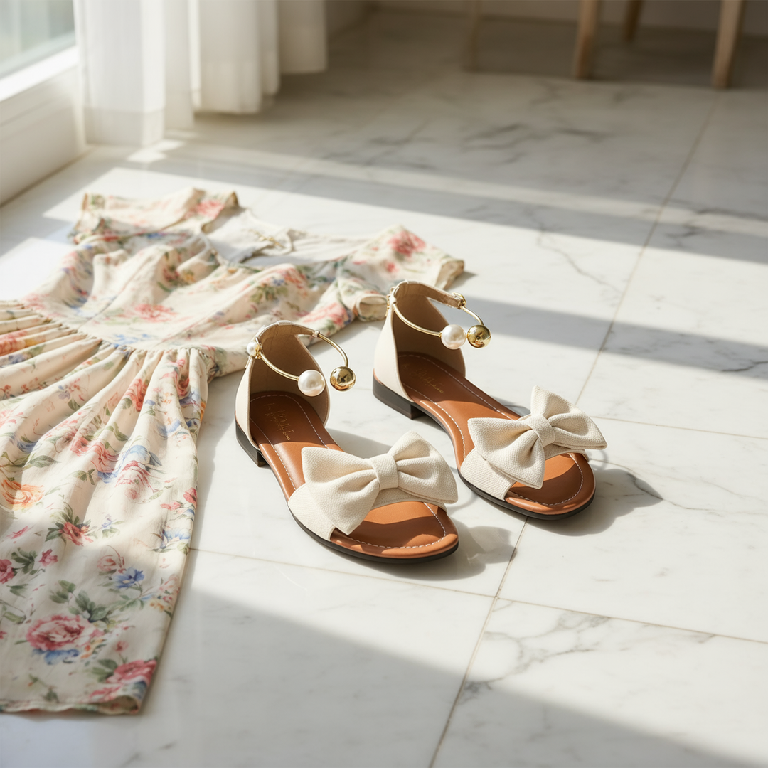 Vennla | Women's Bow Flat Sandals with Pearl Ankle Cuff
