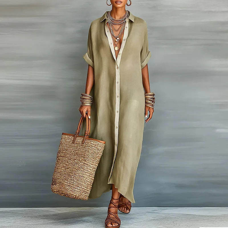 Willa | Women's Button Front Maxi Shirt Dress - Khaki - Image 1