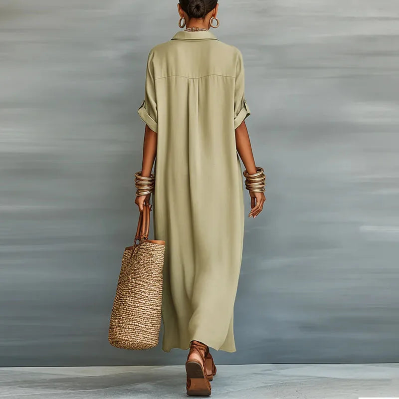 Willa | Women's Button Front Maxi Shirt Dress - Khaki - Image 2