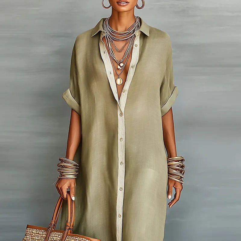 Willa | Women's Button Front Maxi Shirt Dress - Khaki - Image 3
