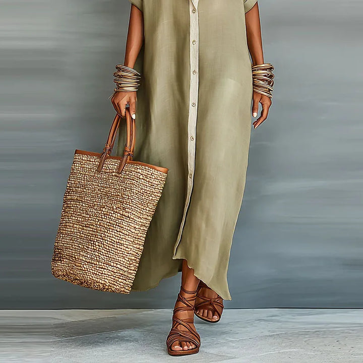 Willa | Women's Button Front Maxi Shirt Dress - Khaki - Image 4