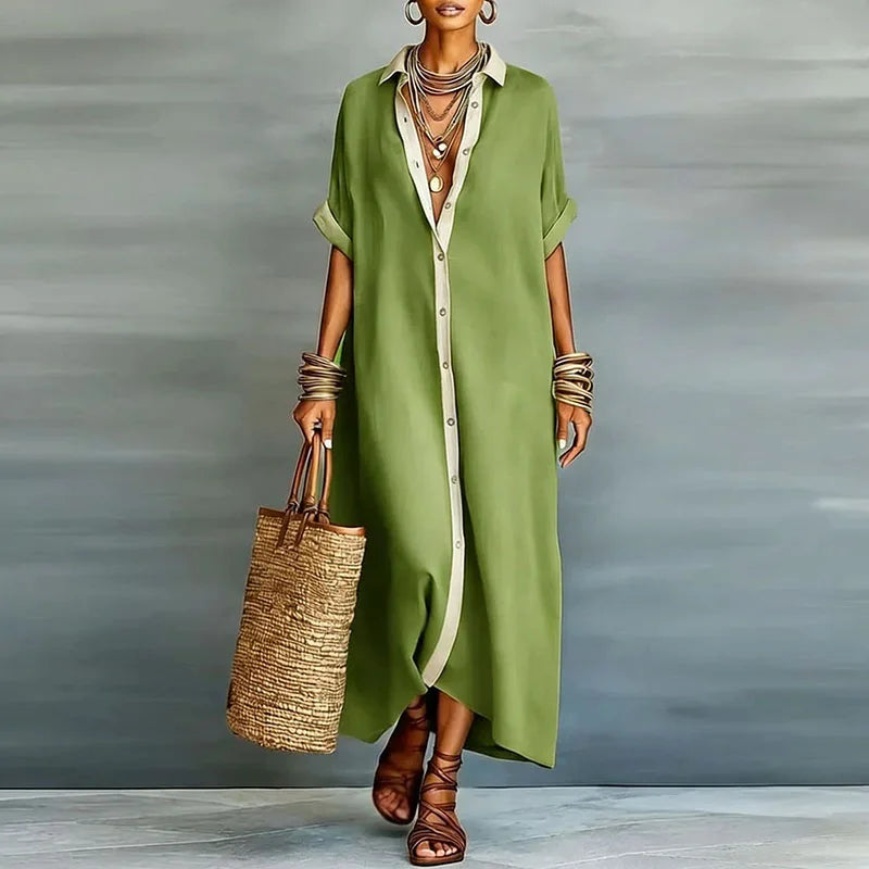 Willa | Women's Button Front Maxi Shirt Dress - Khaki - Image 6