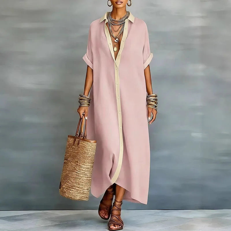 Willa | Women's Button Front Maxi Shirt Dress - Khaki - Image 8