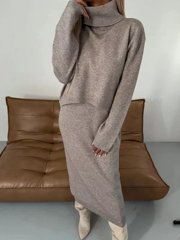 Willa | Women's Turtleneck Long Sleeve Maxi Dress - Beige - Image 1