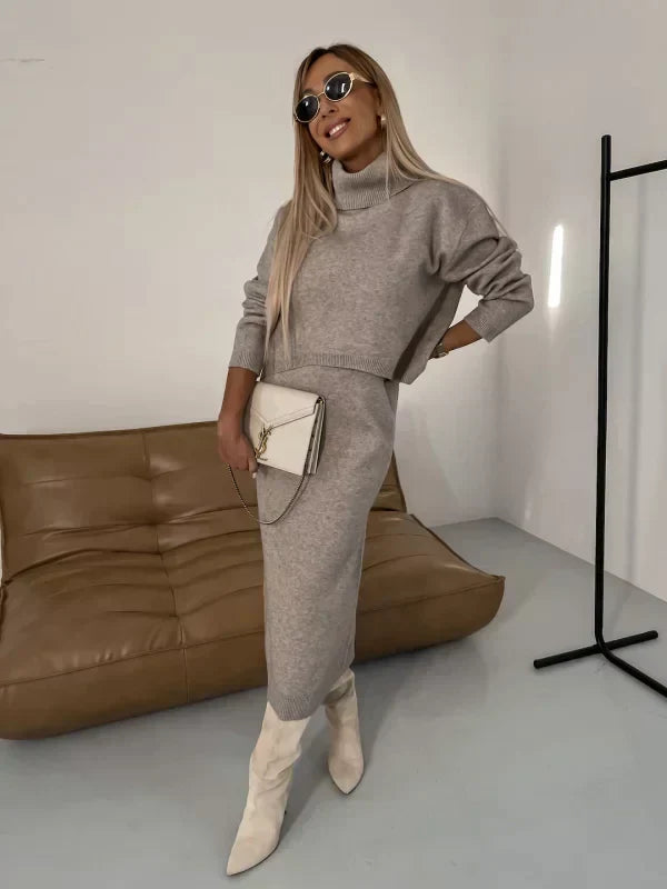 Willa | Women's Turtleneck Long Sleeve Maxi Dress - Beige - Image 2