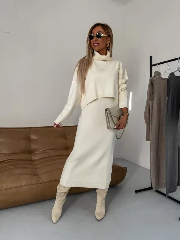 Willa | Women's Turtleneck Long Sleeve Maxi Dress - Beige - Image 7