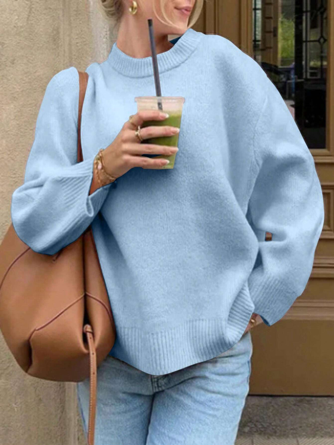 Willow | Women's Oversized Mock Neck Sweater - Light Blue - Image 1