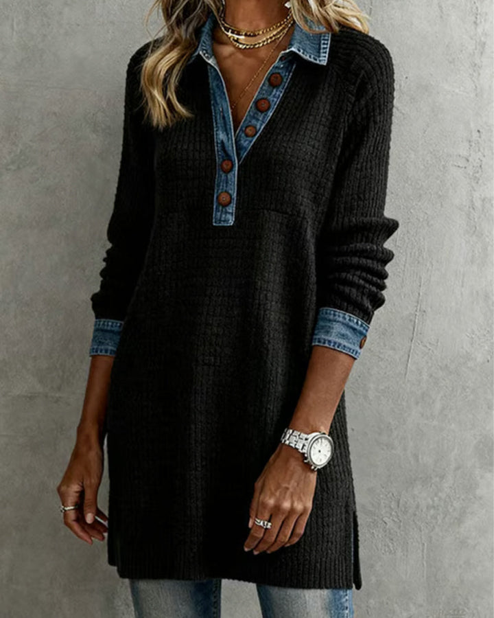 Winifred | Women's Collared Long Sleeve Tunic Sweater - Black - Image 1