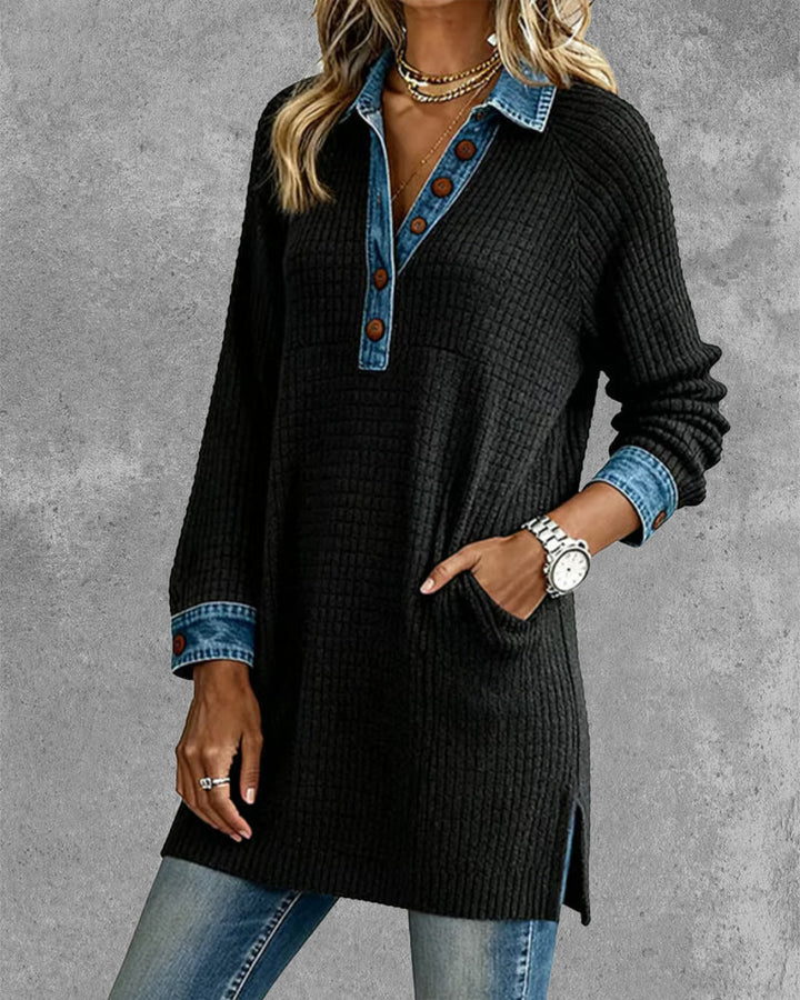 Winifred | Women's Collared Long Sleeve Tunic Sweater - Black - Image 3