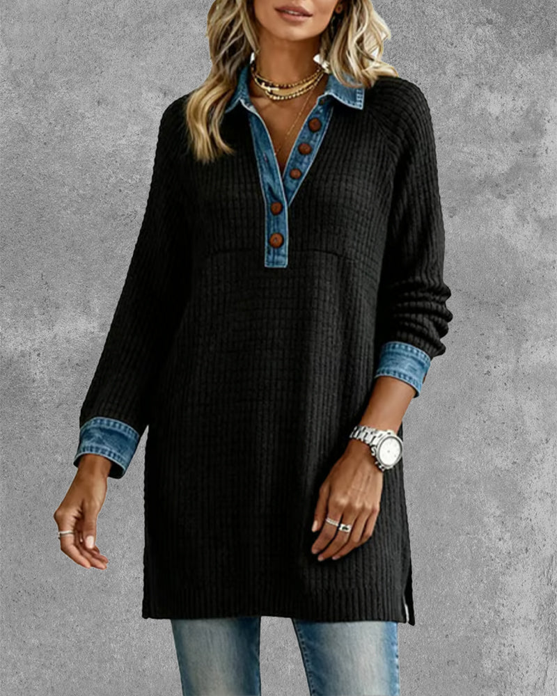Winifred | Women's Collared Long Sleeve Tunic Sweater - Black - Image 4