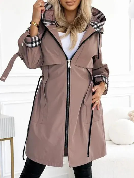 Winona | Women's Hooded Zip Coat - Beige - Image 1