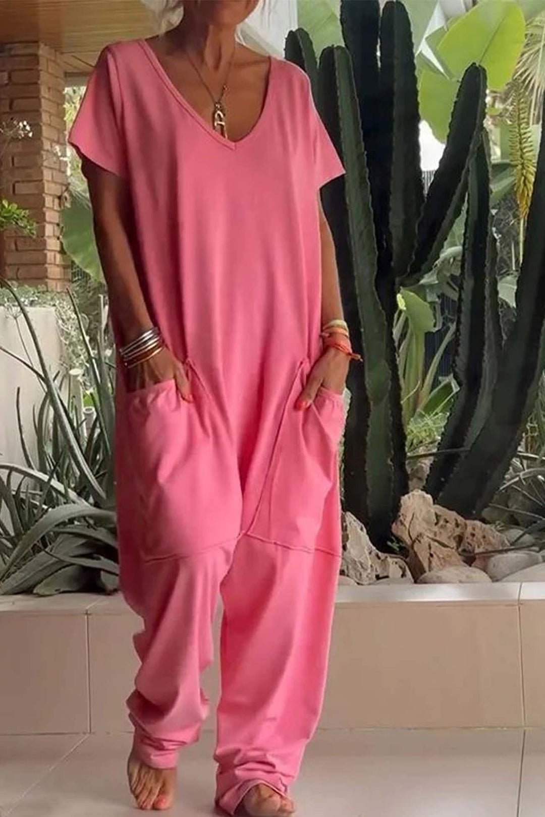 Winsara | Women's Relaxed Fit Short Sleeve Jumpsuit - Pink - Image 1
