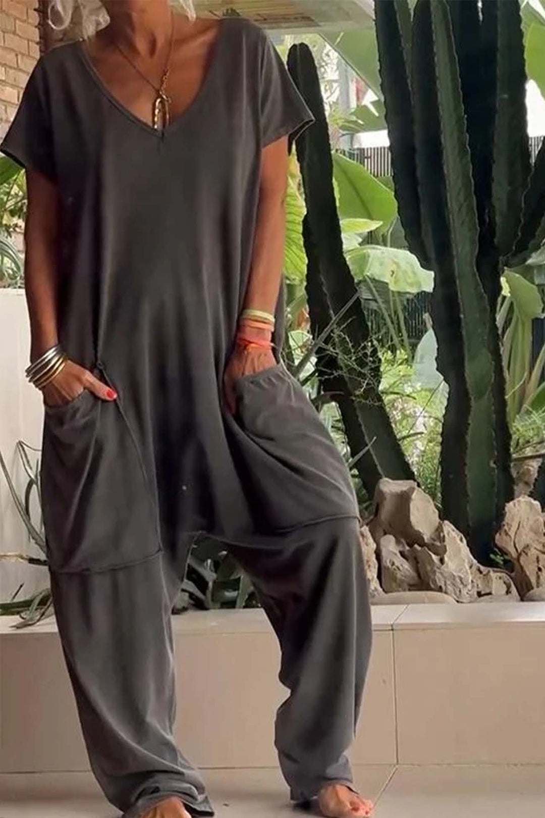 Winsara | Women's Relaxed Fit Short Sleeve Jumpsuit - Pink - Image 2