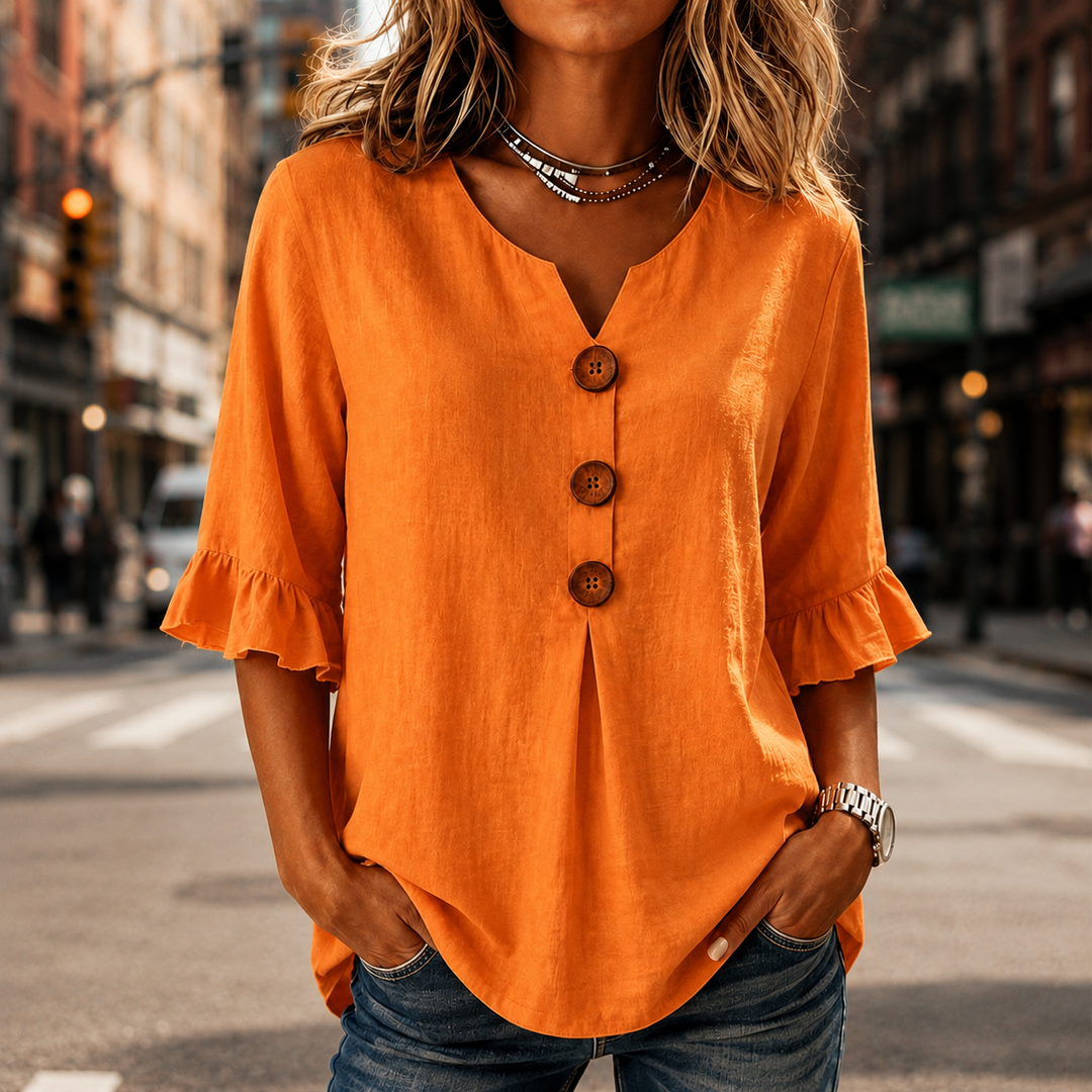 Winslow | Women's Button-Front Ruffle Sleeve Blouse - Orange - Image 1