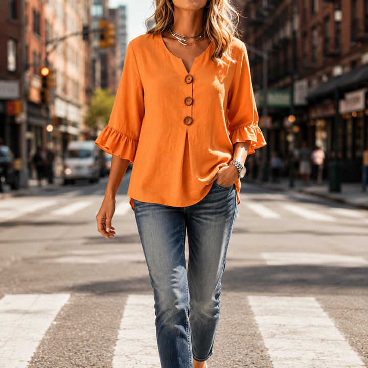 Winslow | Women's Button-Front Ruffle Sleeve Blouse - Orange - Image 2