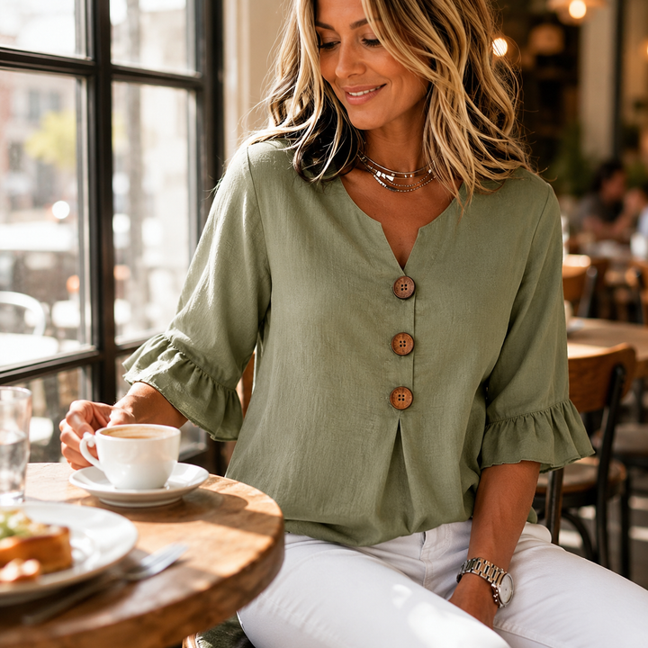 Winslow | Women's Button-Front Ruffle Sleeve Blouse - Orange - Image 3