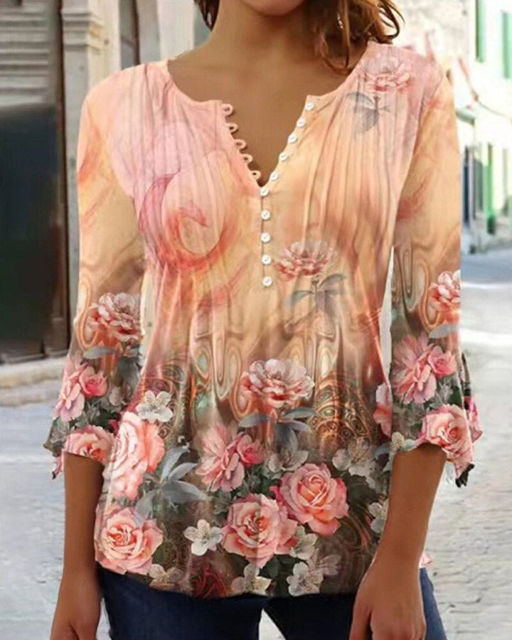 Amelia | Women's Floral Long Sleeve Relaxed-Fit Henley Blouse