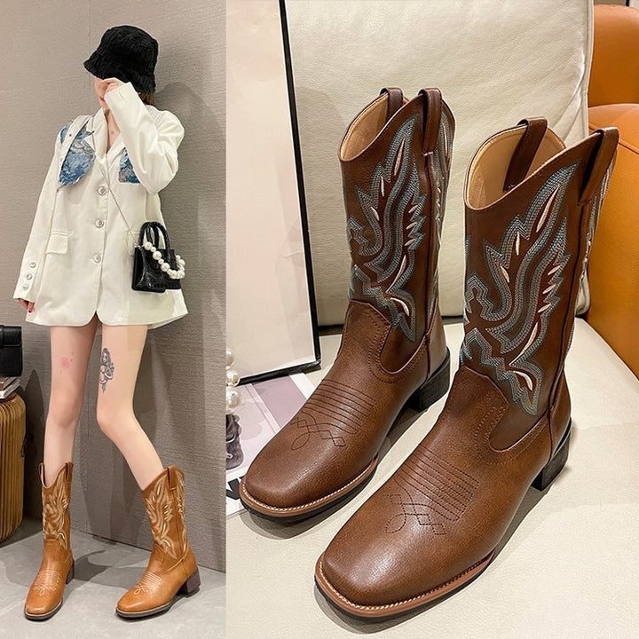 Wrendall | Women's Block Heel Western Cowboy Boots - Brown - Image 1