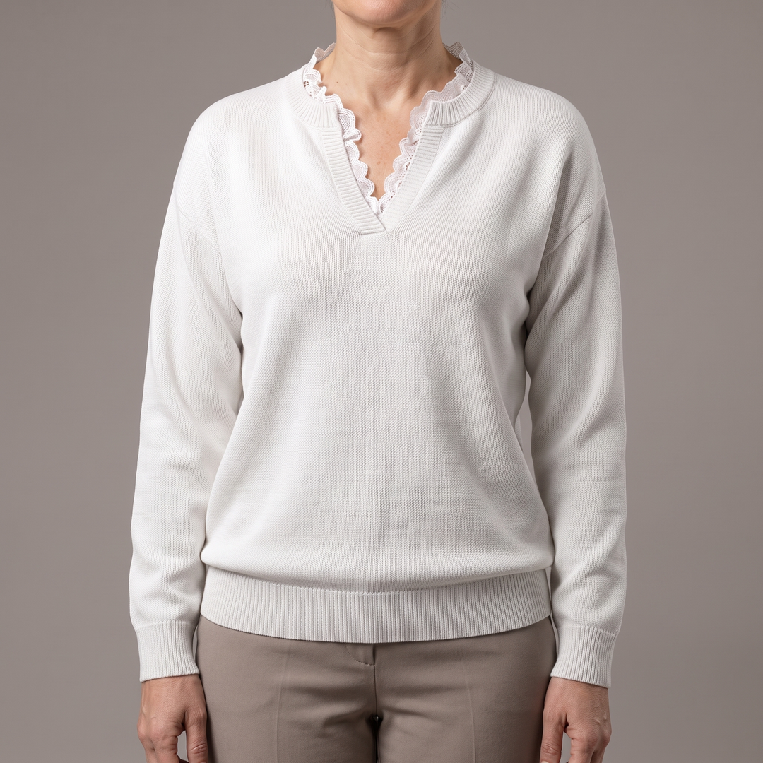 Wrendara | Women's Lace Trim V-Neck Knit Jumper - White - Image 1
