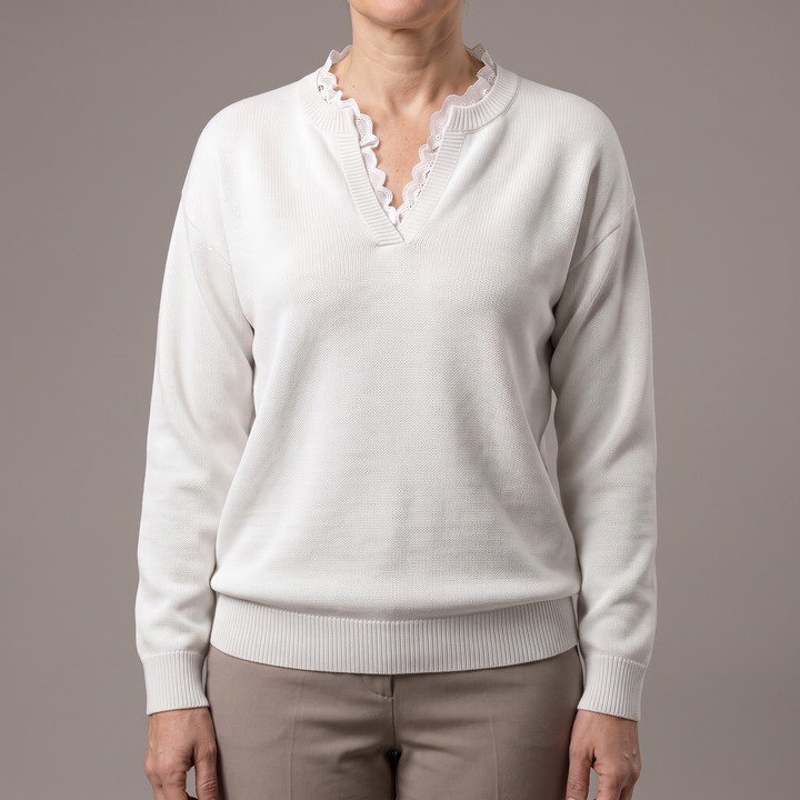 Wrendara | Women's Lace Trim V-Neck Knit Jumper - White - Image 1