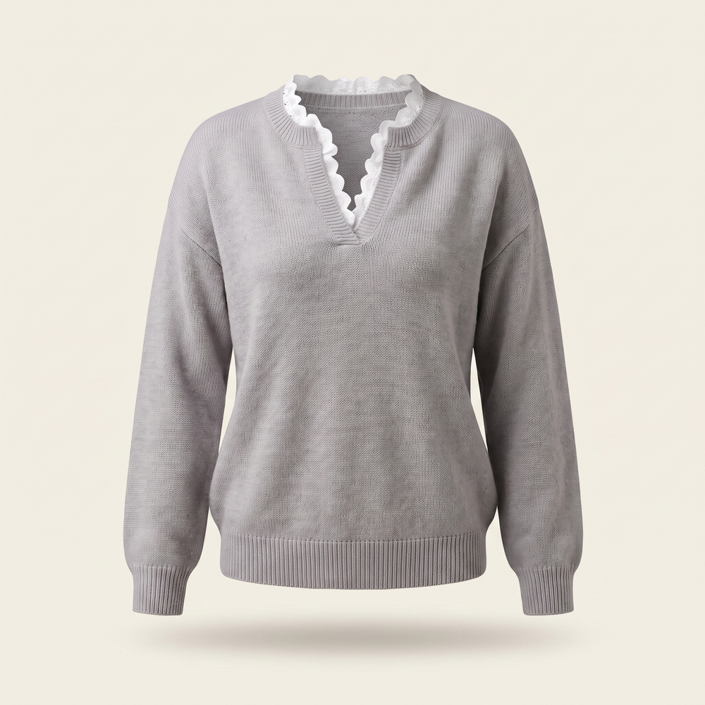 Wrendara | Women's Lace Trim V-Neck Knit Jumper - White - Image 2