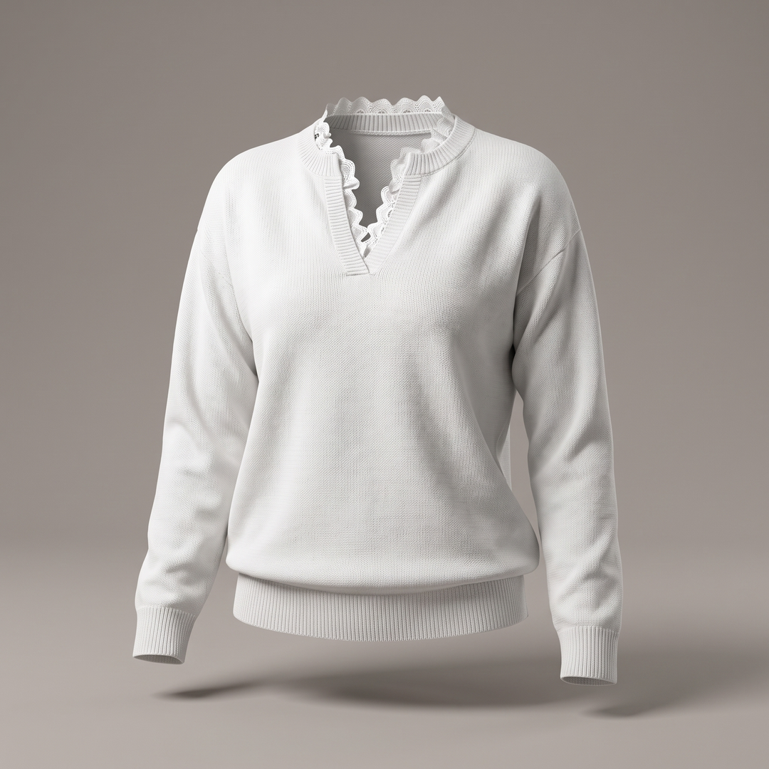 Wrendara | Women's Lace Trim V-Neck Knit Jumper - White - Image 3