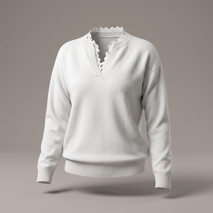 Wrendara | Women's Lace Trim V-Neck Knit Jumper - White - Image 3