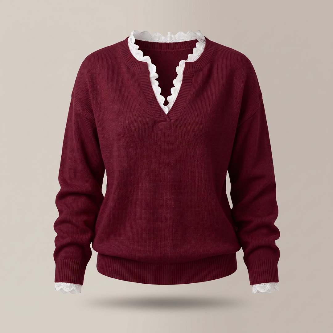 Wrendara | Women's Lace Trim V-Neck Knit Jumper - White - Image 4