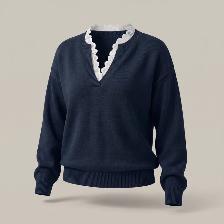 Wrendara | Women's Lace Trim V-Neck Knit Jumper - White - Image 5