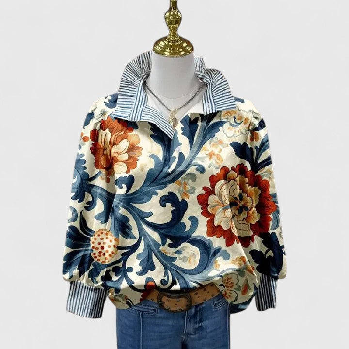 Wrendova | Women's Boho Floral Top Striped Collar - Image 1