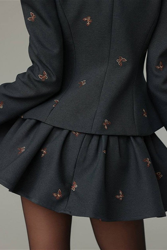 Wrenley | Women's Butterfly Print Two Piece Mini Skirt Set - Dark Grey - Image 4