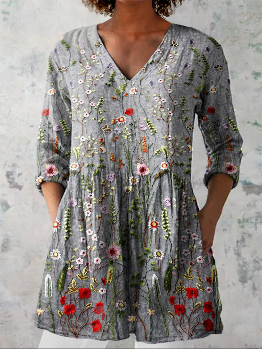 Wrenova | Women's Boho Floral Tunic Top - Grey - Image 1