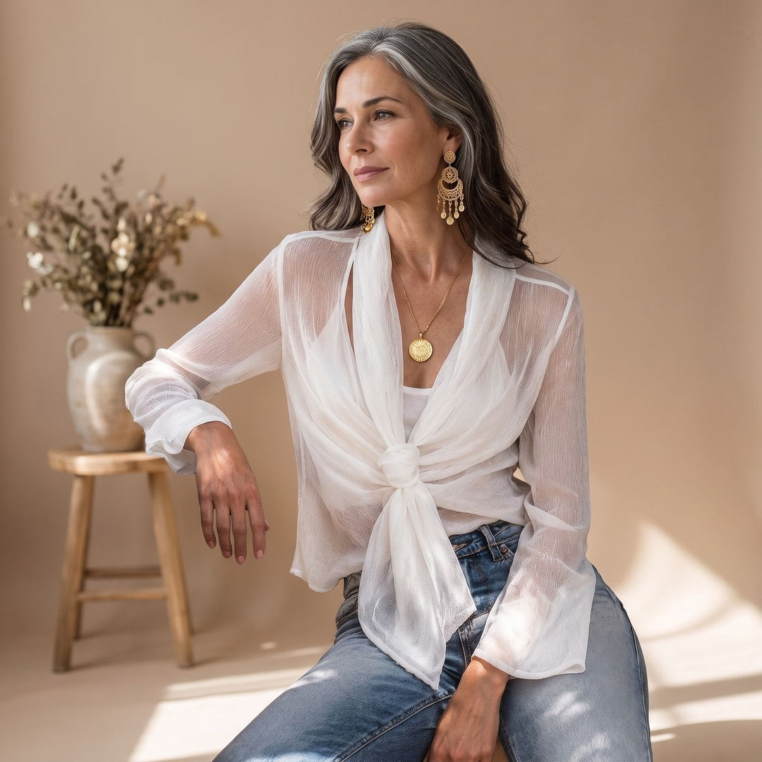 Wrenova | Women's Boho Sheer Wrap Tie-Front Blouse - White - Image 1