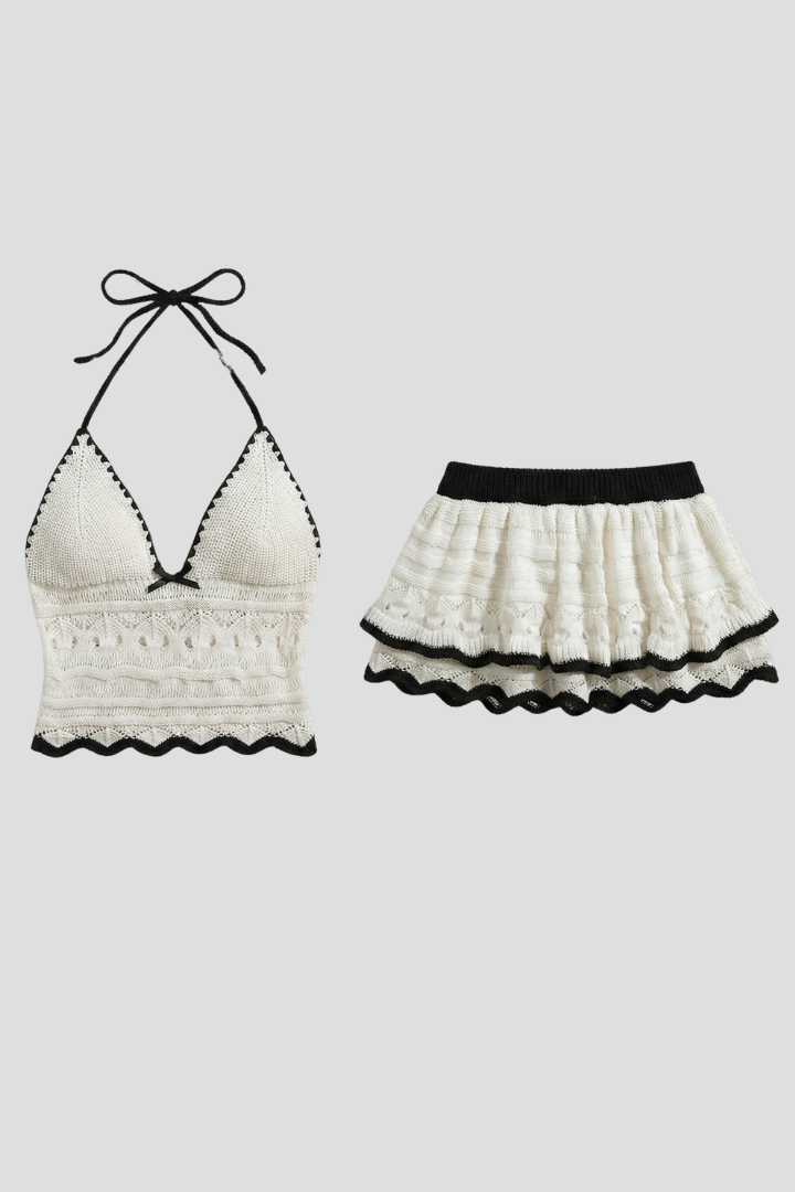 Wrenova | Women's Crochet Halter Top & Mini Skirt Set - Cream - Image 2