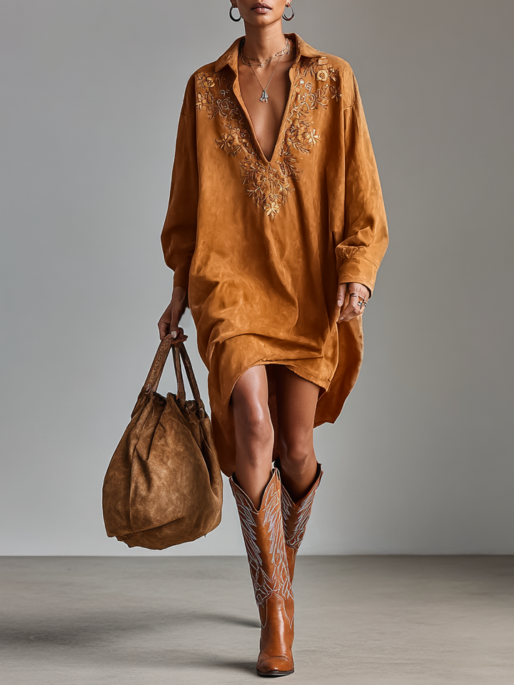 Wrenova | Women's Embroidered Oversized Mini Dress - Camel - Image 1