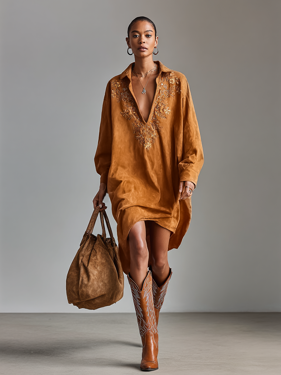 Wrenova | Women's Embroidered Oversized Mini Dress - Camel - Image 5